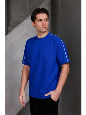 Dark Moda Erkek Şeritli Oversize Bisiklet Yaka 2 Iki Iplik Kompakt T-Shirt