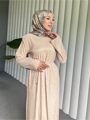 Modamorfo Omuzu Vatkalı Bağcıklı Bürümcük Elbise -Bej