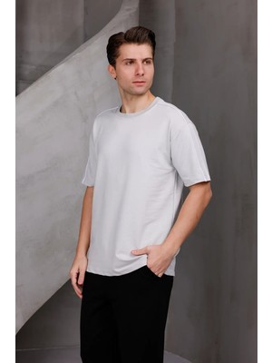 Dark Moda Erkek Şeritli Oversize Bisiklet Yaka 2 Iki Iplik Kompakt T-Shirt