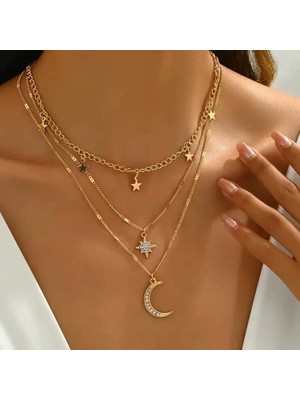 Trend Collection Gold Ay Yıldız Çok Katmanlı Kolye – Zirkon Taşlı Şık Zincir Kadın Kolye Seti