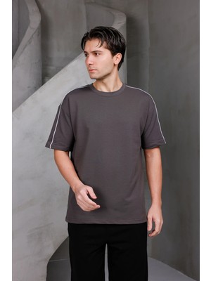 Dark Moda Erkek Şeritli Oversize Bisiklet Yaka 2 Iki Iplik Kompakt T-Shirt