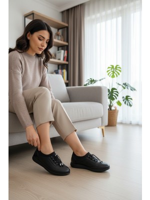 Enoch Hakiki Deri Sportif Dokulu Stoper Bağcıklı Ortopedik Kadın Babet