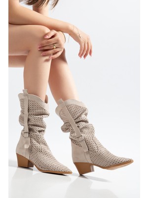 Suins Shoes Suins Wazy Model Kadın Delikli Western Yazlık Çizme Süet Deri 5,5 cm Topuklu Ten Renk