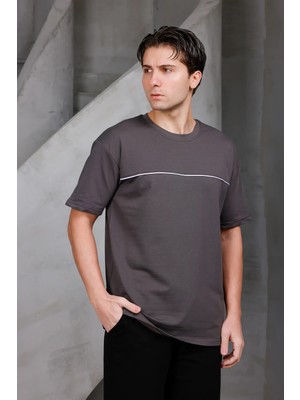 Dark Moda Erkek Garnili Şeritli Oversize Bisiklet Yaka 2 Iki Iplik Kompakt T-Shirt