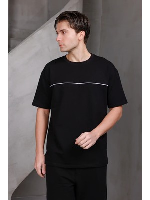 Dark Moda Erkek Garnili Şeritli Oversize Bisiklet Yaka 2 Iki Iplik Kompakt T-Shirt