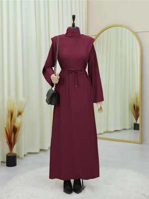 Modamorfo Omuzu Vatkalı Bağcıklı Bürümcük Elbise -Bordo