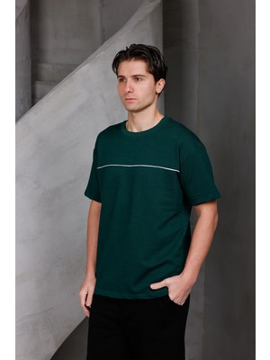 Dark Moda Erkek Garnili Şeritli Oversize Bisiklet Yaka 2 Iki Iplik Kompakt T-Shirt
