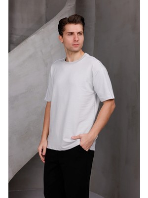 Dark Moda Erkek Şeritli Oversize Bisiklet Yaka 2 Iki Iplik Kompakt T-Shirt