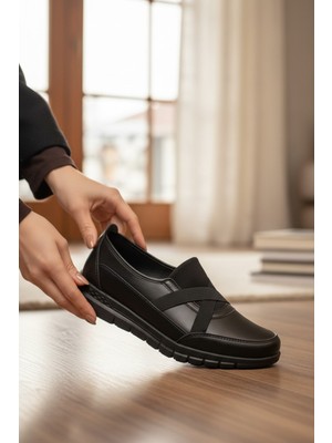 Enoch Hakiki Deri Çapraz Esnek Bantlı Ortopedik Konfor Kadın Babet