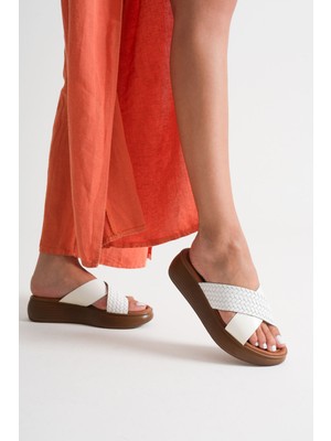 Alfaze Beyaz Hakiki Deri Örgü Desenli Günlük Rahat Şık Yazlık Terlik