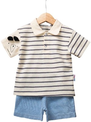 Efemkids 6/24 Ay Erkek Bebek Alt-Üst Takım Polo Yaka Çizgili Tişört + Kot Kapri Şort Yenidoğan Bebek Takım