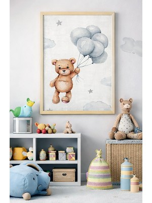 Bebişim Halı Balonlu Ayıcıklı Tablo Bulut Yıldız Desenli Çocuk Odası Duvar Dekoru Ahşap Çerçeveli