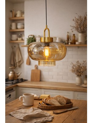 Mars Concept Amber Cam Vintage Sarkıt Avize Gold Metal Gövde – Dekoratif Modern Tavan Aydınlatması