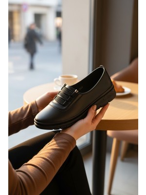 Enoch Hakiki Deri Mikro Lastik Bağcık Detaylı Ortopedik Konfor Kadın Babet