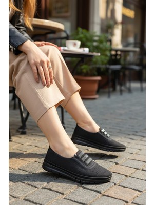 Enoch Hakiki Deri Siyah Lazer Kesim Işıltılı Taşlı Şerit Detaylı Ortopedik Babet