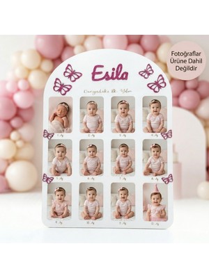 Gralanda Kişiye Özel 1 Yaş Anı Panosu Kız Bebek Isimli Pembe Kelebek Temalı 12 Ay Fotoğraf Panosu Beyaz Renk