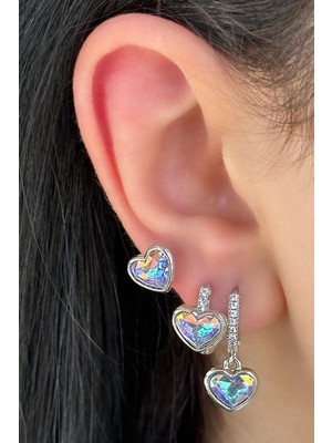 Kokoş Gümüş Renk Kalp Figürlü Taş Detaylı 3'lü Ysx Küpe Set