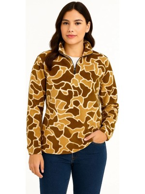 İsmiyle Al Yarım Fermuarlı Desenli Polar Sweat Yakalı, Uzun Kollu, Oversize Rahat Kalıp - Kahverengi