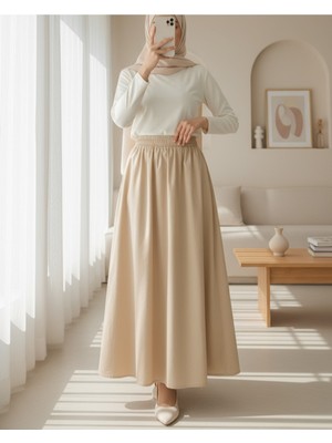 Modamorfo Beli Lastikli Çift Cepli Poplin Kloş Etek          -Somon