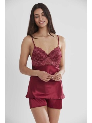 Pierre Cardin Bordo Saten Dantelli Şort Babydoll Takım 415