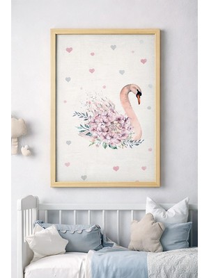 Bebişim Halı Çocuk Odası Kuğu Çiçekli Tablo | Ahşap Çerçeveli Kumaş Üzeri Özel Baskı Duvar Dekoru