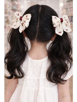 Nati Co Kiraz Desenli Kız Çocuk Saç Tokası | Krem Fiyonk Pens 2'li Toka ( 6 cm )