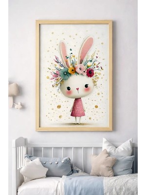 Bebişim Halı Kız Çocuk Odası Tavşan Tablo | Çiçek Taçlı Sevimli Çocuk Odası Duvar Dekoru Ahşap Çerçeveli