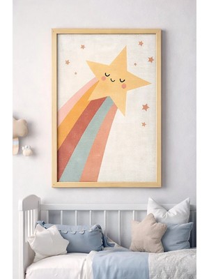 Bebişim Halı Çocuk Odası Yıldızlı Gökkuşağı Tablo | Renkli Çocuk Odası Duvar Dekoru Ahşap Çerçeveli