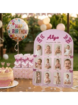 Gralanda 1 Yaş Anı Panosu Kız Bebek 12 Ay Pembe Fotoğraf Panosu Isimli Pembe Kelebek Temalı Kişiye Özel
