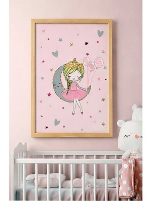 Bebişim Halı Kız Çocuk Odası Prenses Tablo Ay Üstünde Balonlu Çocuk Odası Duvar Dekoru Ahşap Çerçeveli