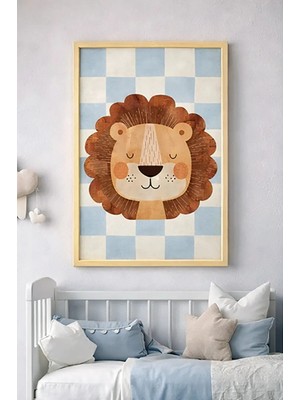 Bebişim Halı Erkek Çocuk Odası Aslan Tablo | Mavi Kareli Çocuk Odası Duvar Dekoru Ahşap Çerçeveli