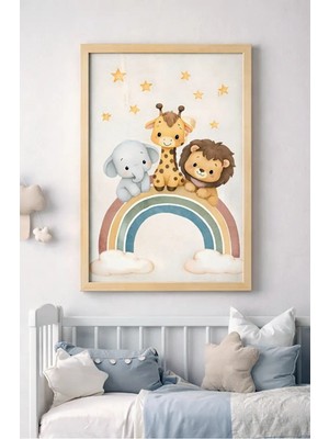 Bebişim Halı Çocuk Odası Safari Hayvanlar Tablo | Fil Zürafa Aslan Gökkuşağı Duvar Dekoru Ahşap Çerçeveli