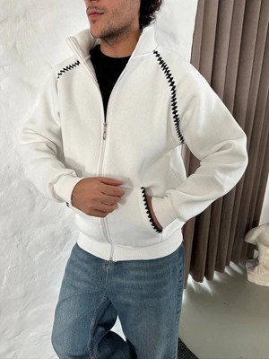 İsmiyle Al Oversize Dik Yaka Fermuarlı Sweatshirt - Zincir Nakışli Kanguru Cepli - Beyaz