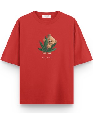 Overoz Teddy Bear Stay High Baskılı Yarı Oversize Unisex T-Shirt 1069
