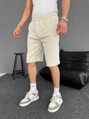 İsmiyle Al Su Yolu Çizgili Ön Arka Cepli Şort Yazlık Nefes Alabilir - Bej