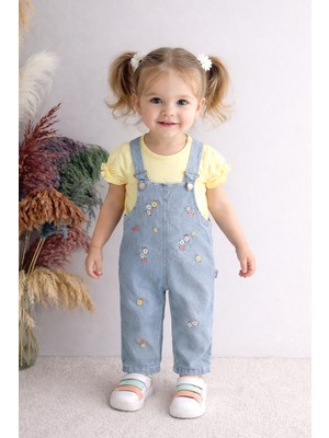 Minilkabebe Denim Çiçekli Ayarlanabilir Askılı Kız Salopet 6-24 Ay