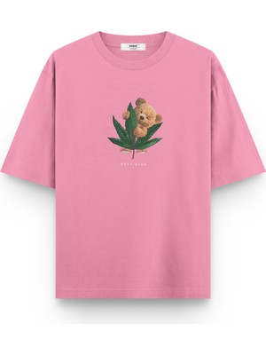 Overoz Teddy Bear Stay High Baskılı Yarı Oversize Unisex T-Shirt 1069
