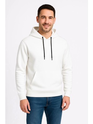 İsmiyle Al Üç Iplik Kapüşonlu Kanguru Cepli Sweatshirt Hoodie - Beyaz
