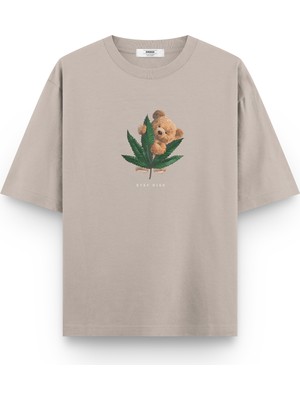 Overoz Teddy Bear Stay High Baskılı Yarı Oversize Unisex T-Shirt 1069