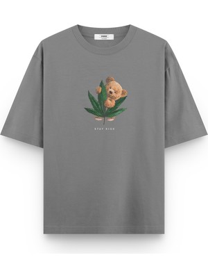 Overoz Teddy Bear Stay High Baskılı Yarı Oversize Unisex T-Shirt 1069