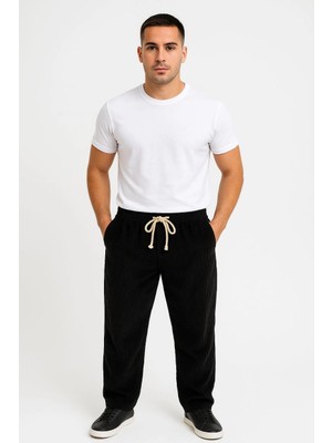 İsmiyle Al Fitilli Kadife Cepli Buggy Pantolon Oversize Rahat Kalıp - Siyah