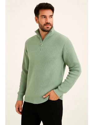 İsmiyle Al Yarım Fermuarlı Triko Kazak  Mint Yeşili