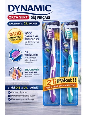 isiltikidsmoda Dynamic Orta Sert Diş Fırçası 2 Adet Medium Çapraz Kıl Teknolojili Dil Temizleyicili Ergonomik Saplı Diş Fırçası