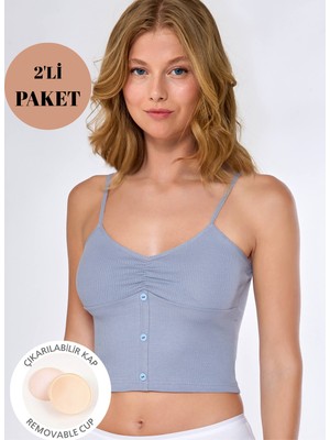 Gawzera Berrak  2'li  Ip Askılı  %100  Pamuk Fitilli Kumaş Düğme Detaylı  Pedli Crop Atlet