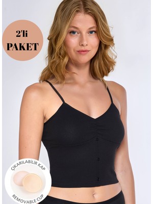 Gawzera Berrak  2'li  Ip Askılı  %100  Pamuk Fitilli Kumaş Düğme Detaylı  Pedli Crop Atlet