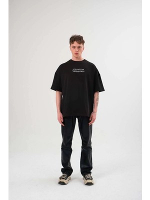 İsmiyle Al Bisiklet Yaka Baskılı Oversize T-Shirt - Siyah