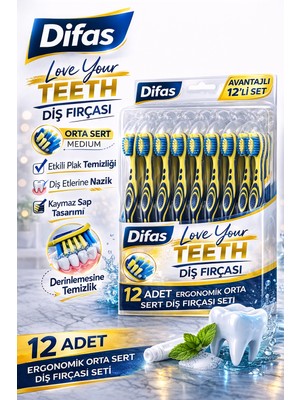 isiltikidsmoda Difaş Love Your Teeth Diş Fırçası 12 Adet Standlı Orta Sert Medium Ergonomik Saplı Manuel Diş Fırçası Seti