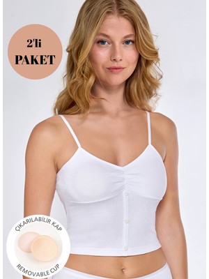 Gawzera Berrak  2'li  Ip Askılı  %100  Pamuk Fitilli Kumaş Düğme Detaylı  Pedli Crop Atlet