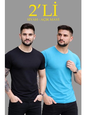 İsmiyle Al Erkek Tişört Bisiklet Yaka Kısa Kol Slim Fit Body T-Shirt 2'li Set Siyah-Açık Mavi
