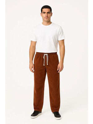 İsmiyle Al Fitilli Kadife Cepli Buggy Pantolon Oversize Rahat Kalıp - Kahverengi
